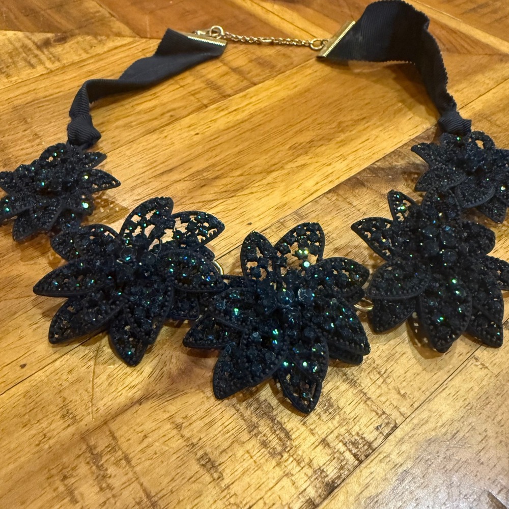 Dark Romantic Black Crystal Floral Bib Statement Necklace Grosgrain Ribbon
